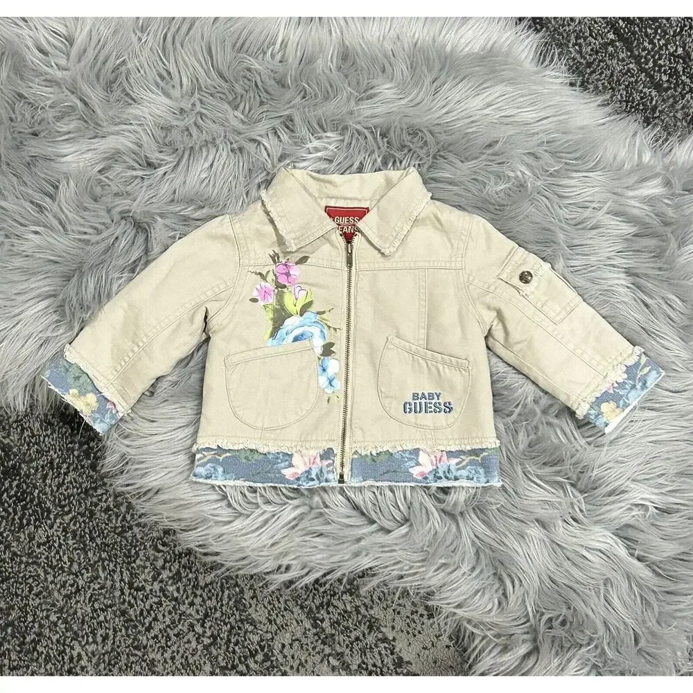 Guess Baby Embroidered Khaki Denim Zip Up‎ Floral Jacket 12 Month